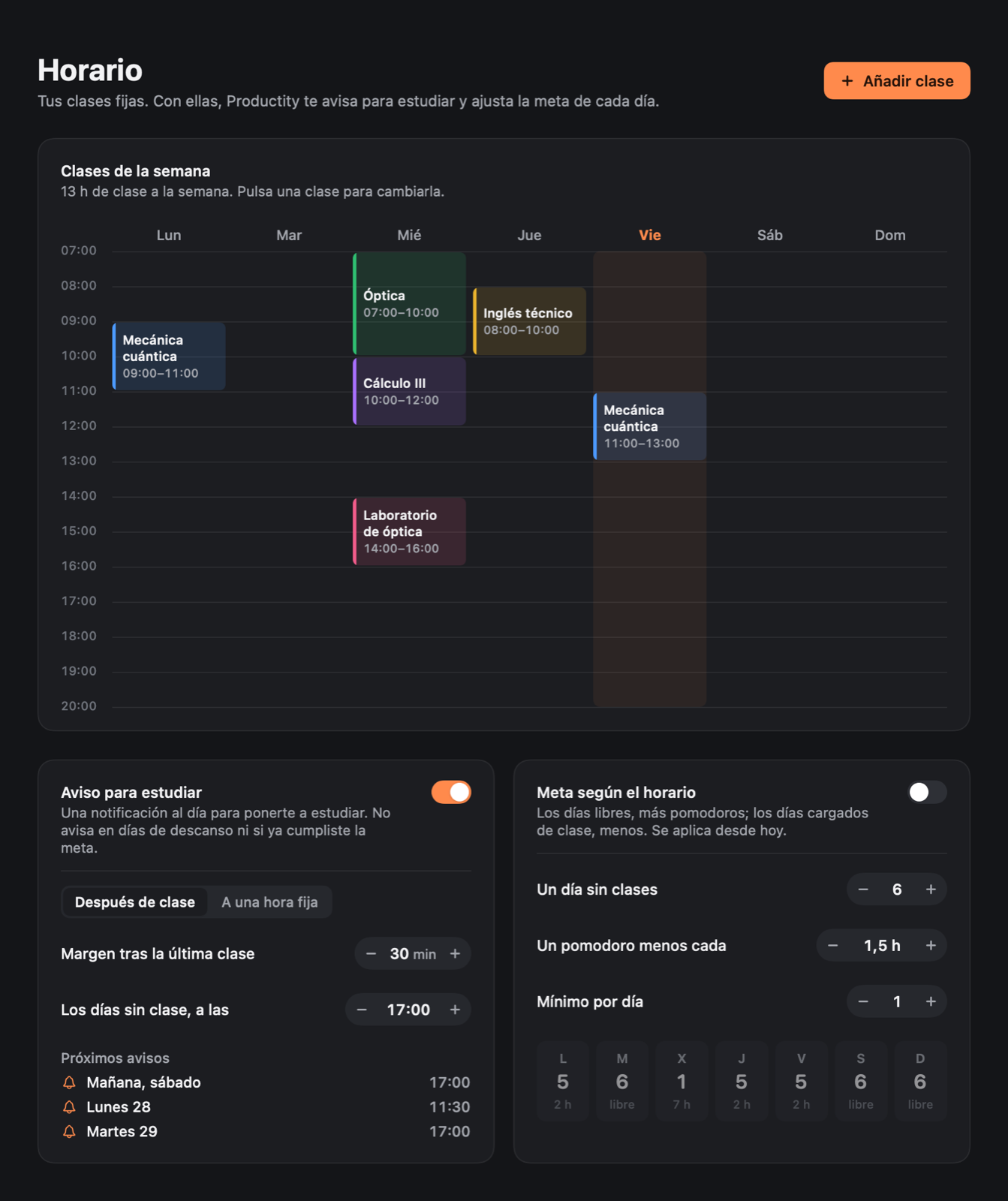 Pantalla Horario