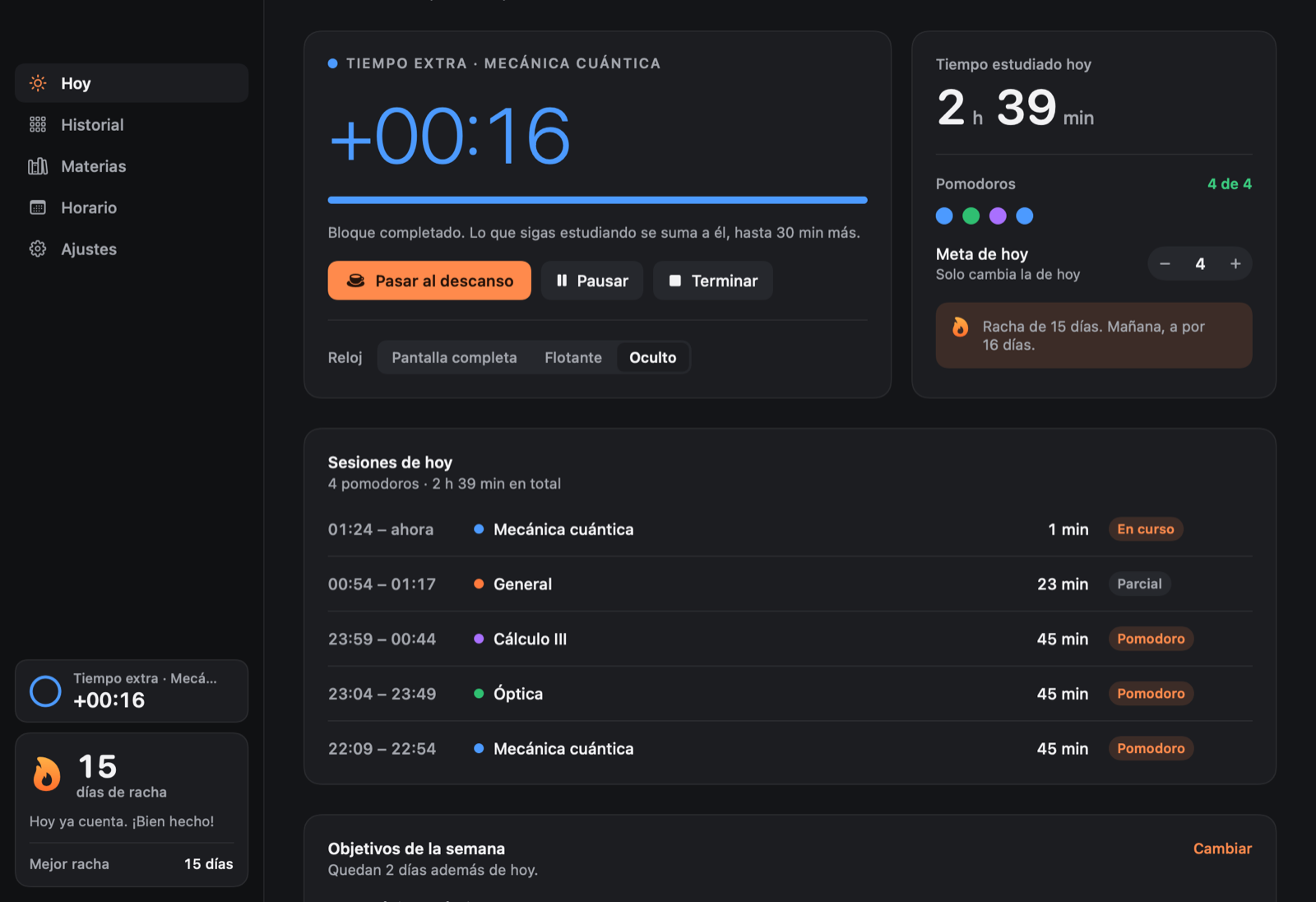 Tiempo extra tras completar un bloque